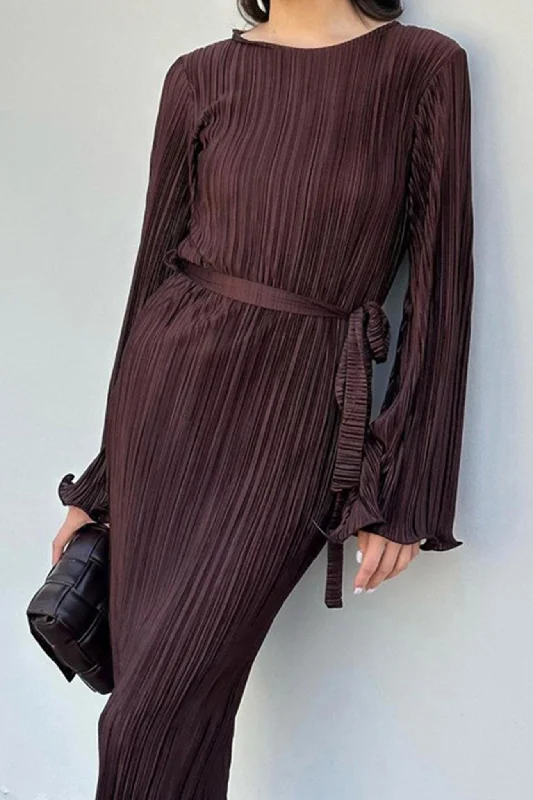 Midi dresses with sheer panels for a touch of allure Pleated Long Flares Sleeve Tie-waist Dress