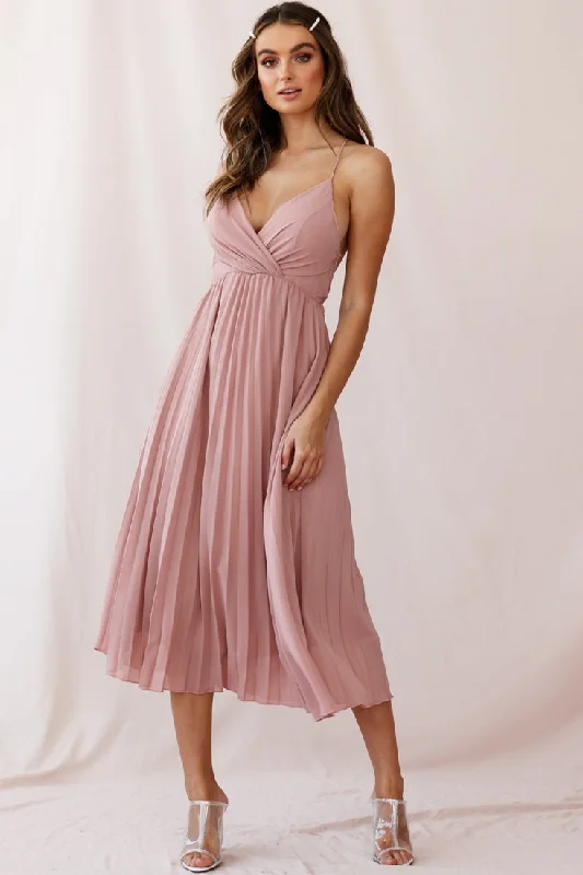 Midi dresses with ruched sleeves for a more fitted and stylish arm look Artemis Accordion Pleat Strappy Back Midi Dress Blush Midi dresses with ruched sleeves for a more fitted and stylish arm look Artemis Accordion Pleat Strappy Back Midi Dress Blush