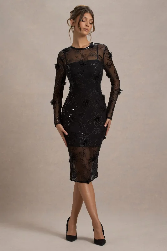 Midi dresses with satin - finish fabrics for a luxurious feel Intimate | Black Sequin Sheer Midi Dress With Flowers Midi dresses with satin - finish fabrics for a luxurious feel Intimate | Black Sequin Sheer Midi Dress With Flowers