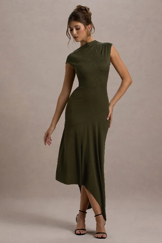 Midi dresses with denim fabric for a casual yet stylish day out Ondine | Khaki Asymmetric Draped Midi Dress