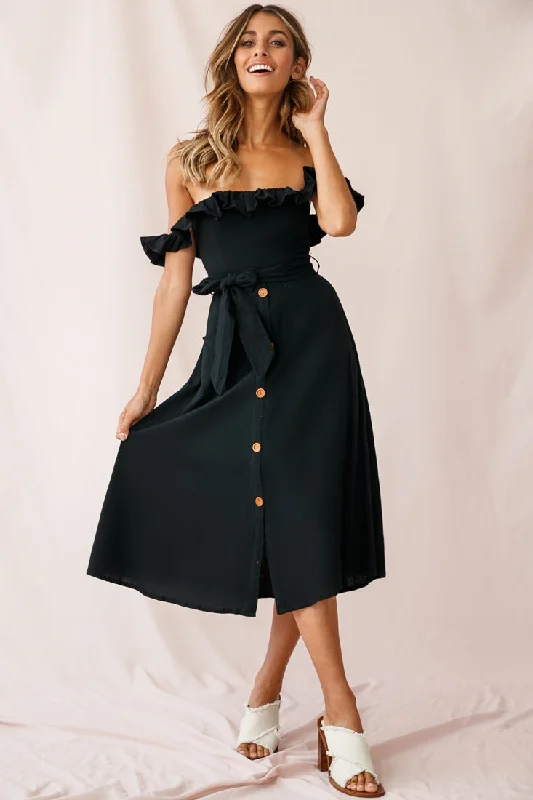 Midi dresses with wrap - around skirts for a customizable fit Matisse Off-Shoulder Placket Dress Black Midi dresses with wrap - around skirts for a customizable fit Matisse Off-Shoulder Placket Dress Black