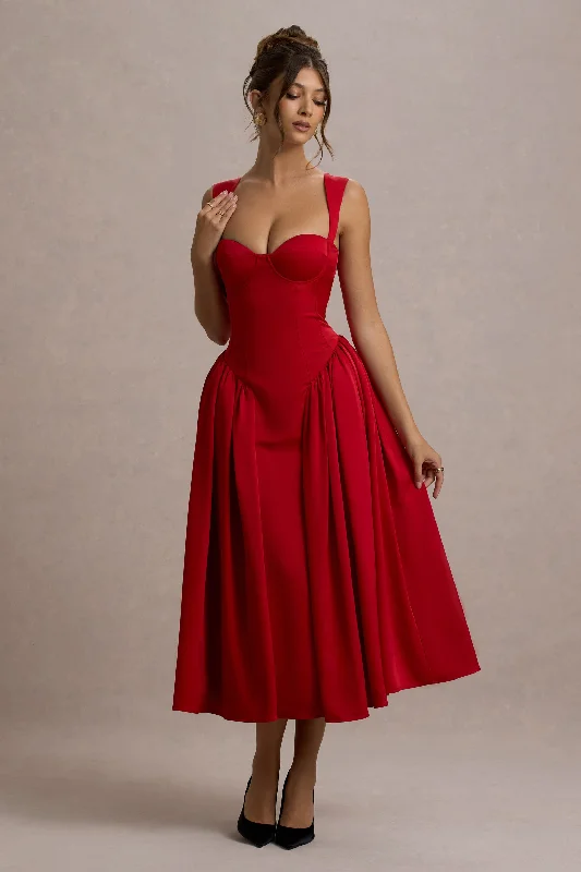 Sleeveless midi dresses with lace details for summer weddings Covia | Red Satin Sweetheart Midi Dress