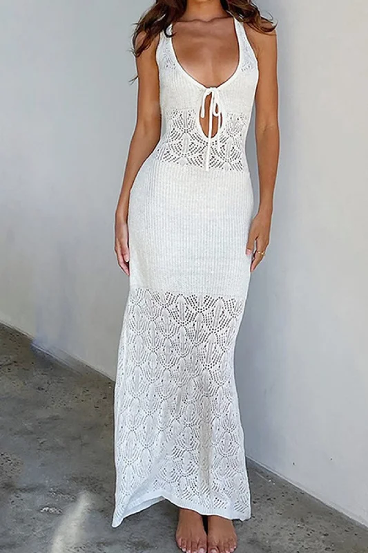 Midi dresses with metallic threads for a glamorous evening event White Tie-back Crochet Hollow Out Tank Dress Midi dresses with metallic threads for a glamorous evening event White Tie-back Crochet Hollow Out Tank Dress