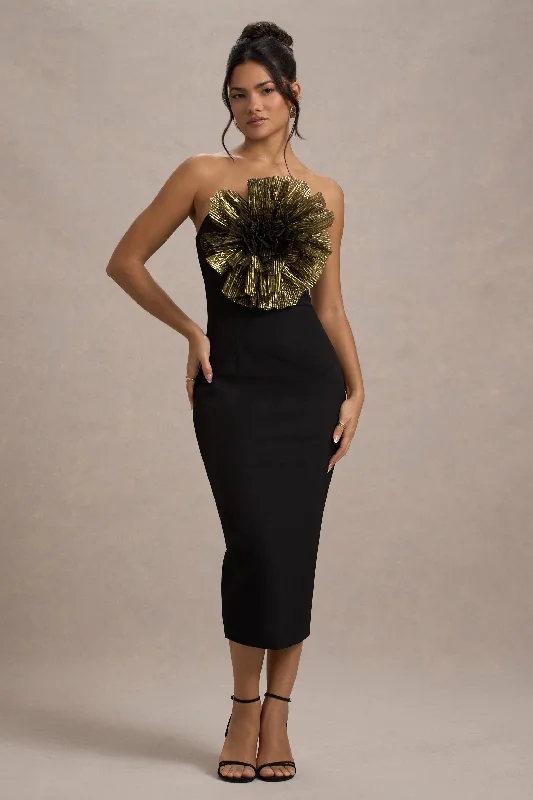 Midi dresses with metallic threads for a glamorous evening event Moya | Black & Gold Bodycon Midi Dress With Corsage Detail Midi dresses with metallic threads for a glamorous evening event Moya | Black & Gold Bodycon Midi Dress With Corsage Detail