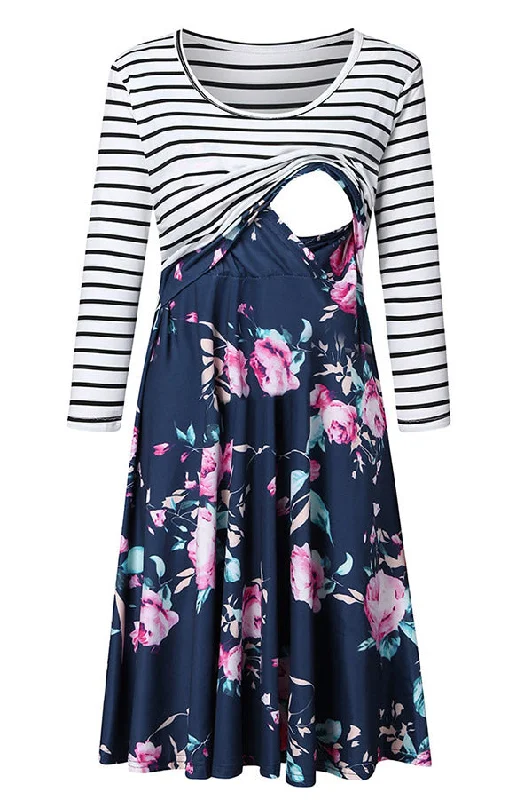 Mini dresses with polka dot patterns Striped Printed Two-tone Nursing Dress