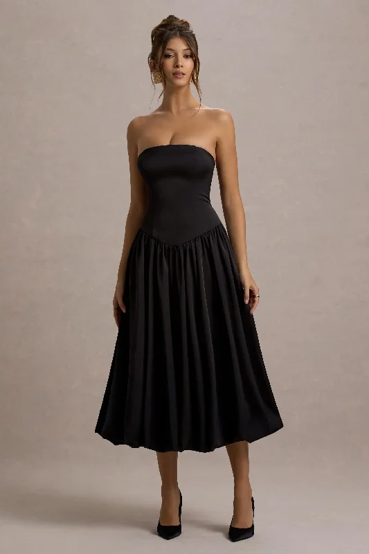 Midi dresses with tiered skirts for a bohemian festival look Keyton | Black Satin Bandeau Midi Dress