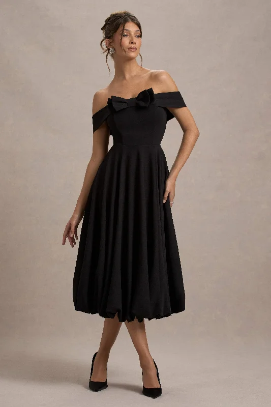 Midi dresses with asymmetric hems for a fashion - forward and dynamic appearance Calliopia | Black Bow Bardot Midi Dress With Puff-Ball Skirt Midi dresses with asymmetric hems for a fashion - forward and dynamic appearance Calliopia | Black Bow Bardot Midi Dress With Puff-Ball Skirt