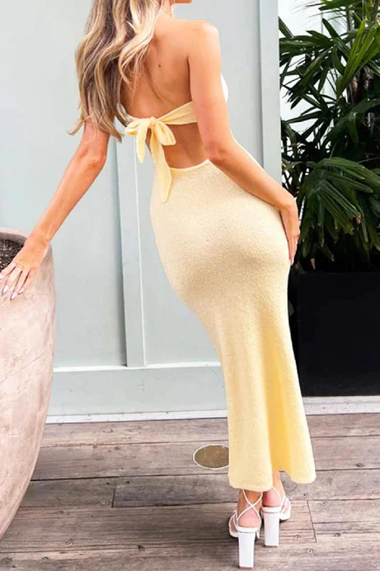Midi dresses with geometric cutouts for a contemporary and edgy look Low Cut Tie-back Strapless Dress Midi dresses with geometric cutouts for a contemporary and edgy look Low Cut Tie-back Strapless Dress