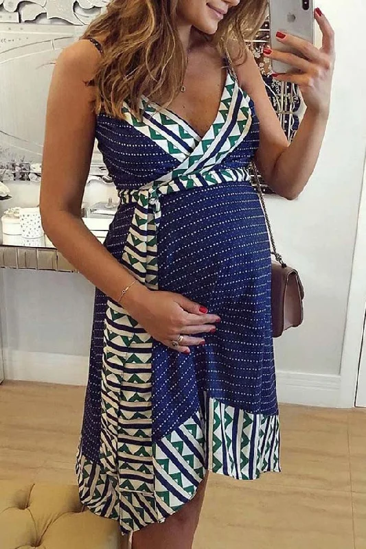 Mini dresses with wrap - around styles V-Neck Spaghetti Strap Maternity Geometry Short Dress Mini dresses with wrap - around styles V-Neck Spaghetti Strap Maternity Geometry Short Dress