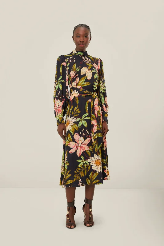 Midi dresses with pom - pom trims for a playful and festive look Black Surreal Flowers High Neck Midi Dress