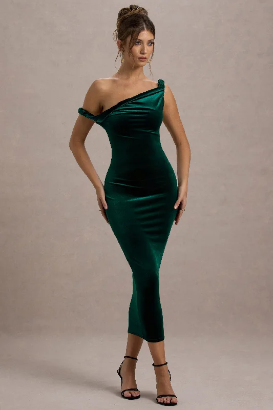 Midi dresses with side slits for a sexy and elegant appearance Carella | Bottle Green Velvet Twisted Asymmetric Midi Dress Midi dresses with side slits for a sexy and elegant appearance Carella | Bottle Green Velvet Twisted Asymmetric Midi Dress