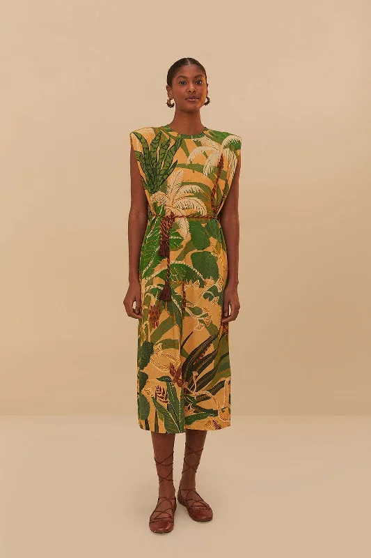 Midi dresses with ruffled bodices for a more pronounced feminine look Beige Tropical Isla Padded Shoulders Midi Dress Midi dresses with ruffled bodices for a more pronounced feminine look Beige Tropical Isla Padded Shoulders Midi Dress