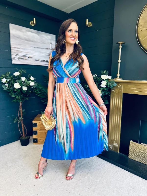 High - low midi dresses with geometric patterns for a modern party Naoise Pleated Midi Dress Blue
