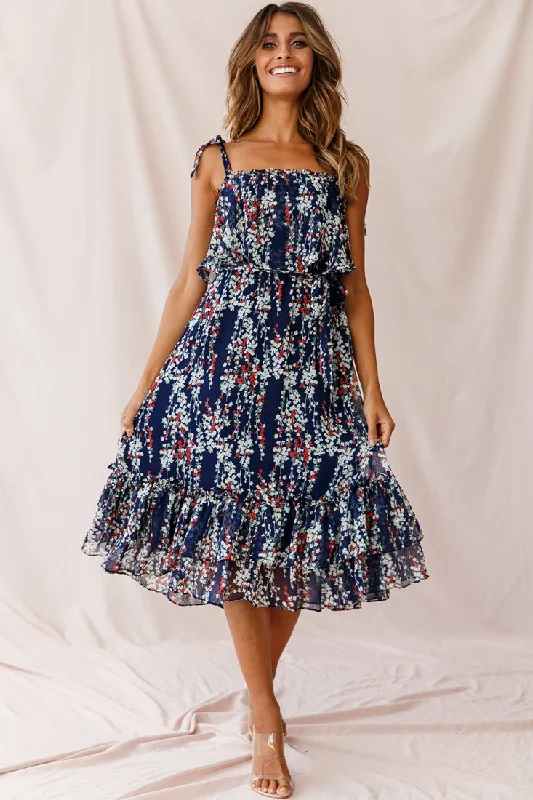 Midi dresses with polka dot prints for a playful summer outfit Maeve Shoulder Tie Layered Ruffle Dress Navy