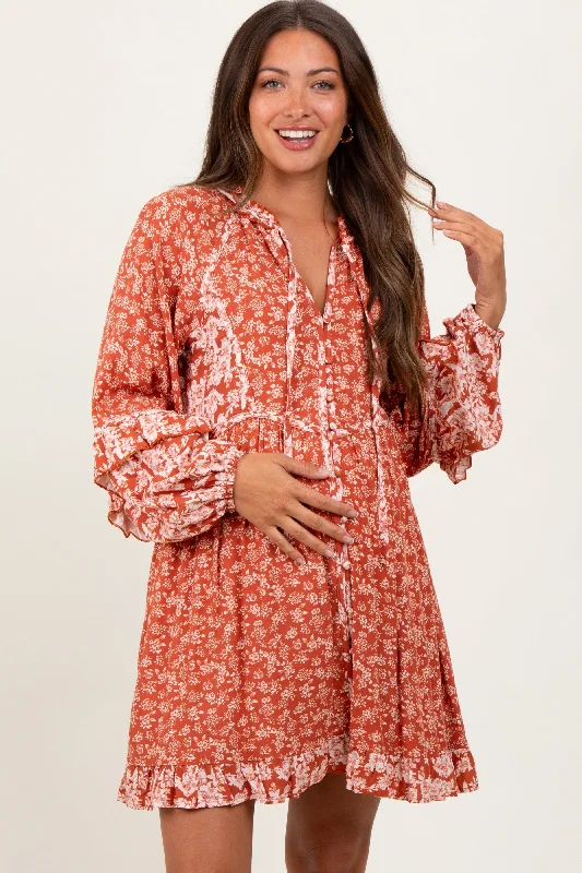 Ruffled mini dresses for a romantic touch Rust Mixed Floral Tie Front Ruffle Accent Maternity Dress