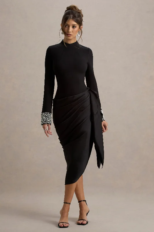 Midi dresses with pom - pom trims for a playful and festive look Luanna | Black Satin Long-Sleeve Midi Dress With Draped Skirt Midi dresses with pom - pom trims for a playful and festive look Luanna | Black Satin Long-Sleeve Midi Dress With Draped Skirt
