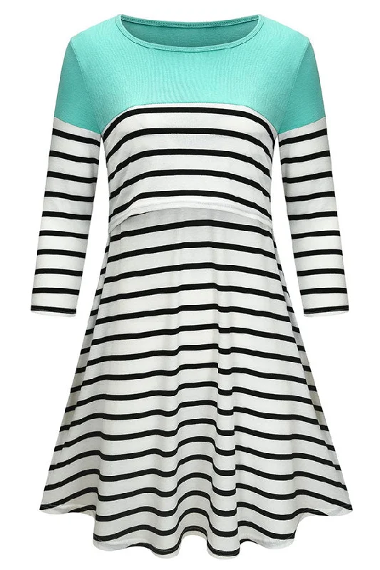 Sheer mini dresses with lace inserts Striped Two-tone 3/4 Sleeves Nursing Dress