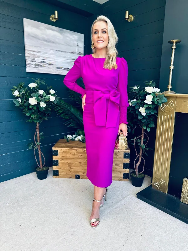 Midi dresses with sheer panels for a touch of allure Willow Bow Detail Occasion Dress Orchid Midi dresses with sheer panels for a touch of allure Willow Bow Detail Occasion Dress Orchid