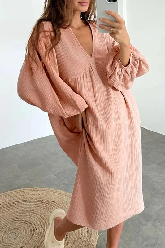 Midi dresses with button - front designs for a classic touch Double Crepe V Neck Puff Sleeve Loose Dress Midi dresses with button - front designs for a classic touch Double Crepe V Neck Puff Sleeve Loose Dress