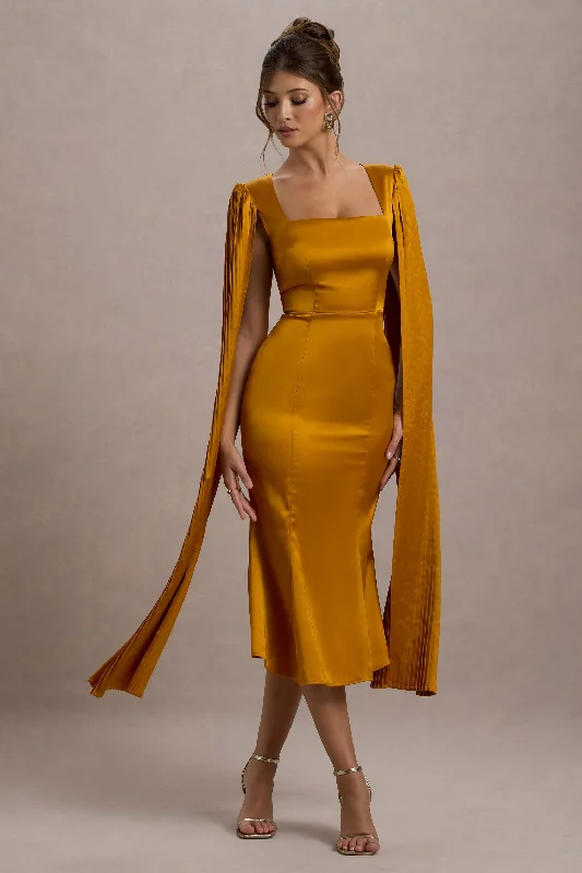 Midi dresses with geometric cutouts for a contemporary and edgy look Nalda | Mustard Square-Neck Midi Dress With Cape Sleeves Midi dresses with geometric cutouts for a contemporary and edgy look Nalda | Mustard Square-Neck Midi Dress With Cape Sleeves