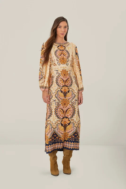 Midi dresses with tassel accents for a bohemian and free - spirited style Beige Boho Midi Dress