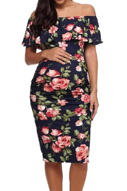 Floral print mini dresses for summer parties Off Shoulder Floral Maternity Bodycon Dress