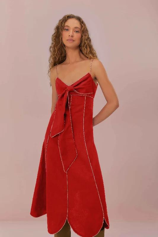 Maxi - inspired midi dresses with flowing fabrics for a beachy vibe Red Front Bow Midi Dress