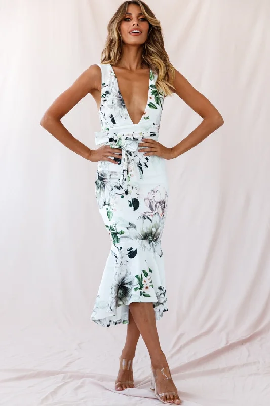 Midi dresses with bow accents for a sweet and charming look Sorry Not Sorry Wide Strap Flounce Floral Dress White