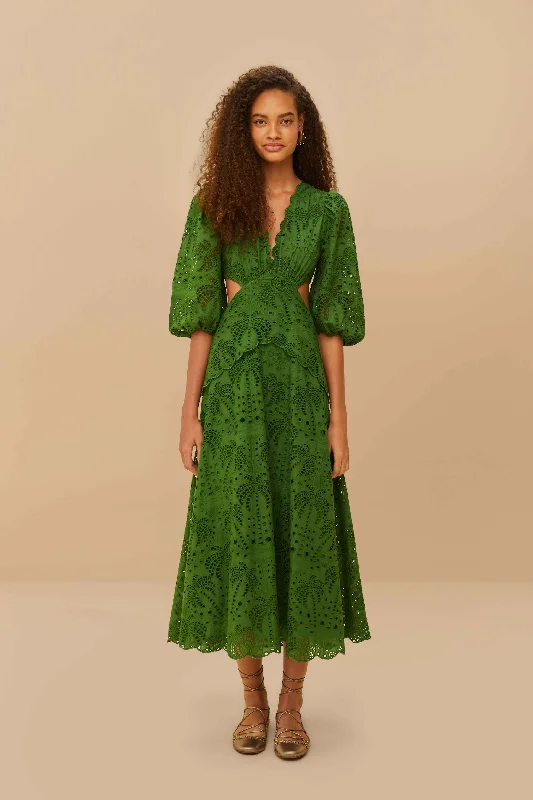 Midi dresses with ruffled bodices for a more pronounced feminine look Green Richelieu Midi Dress Midi dresses with ruffled bodices for a more pronounced feminine look Green Richelieu Midi Dress