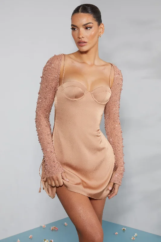 Metallic mini dresses for a glamorous event Long Sleeve Embellished A-line Mini Dress in Beige Metallic mini dresses for a glamorous event Long Sleeve Embellished A-line Mini Dress in Beige