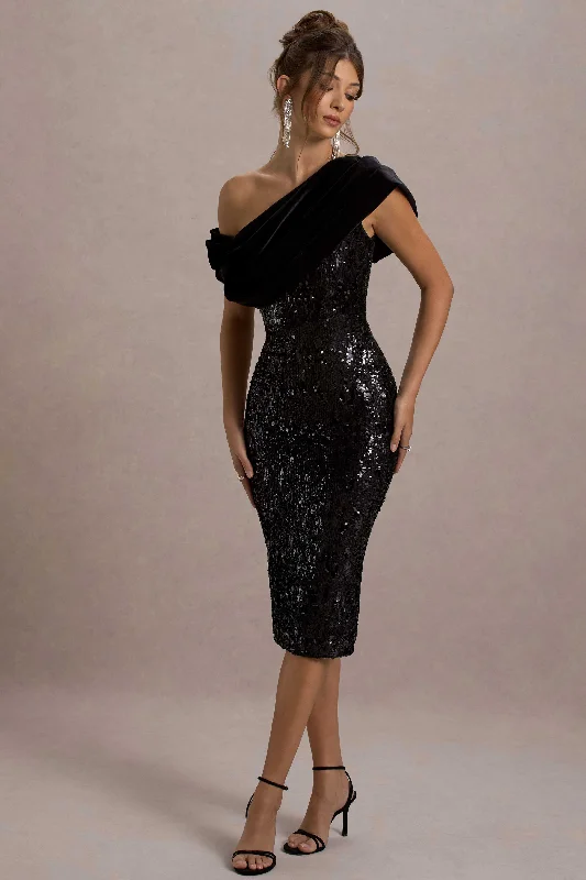 Midi dresses with ruffled bodices for a more pronounced feminine look Volute | Black Sequin One-Shoulder Draped Midi Dress Midi dresses with ruffled bodices for a more pronounced feminine look Volute | Black Sequin One-Shoulder Draped Midi Dress