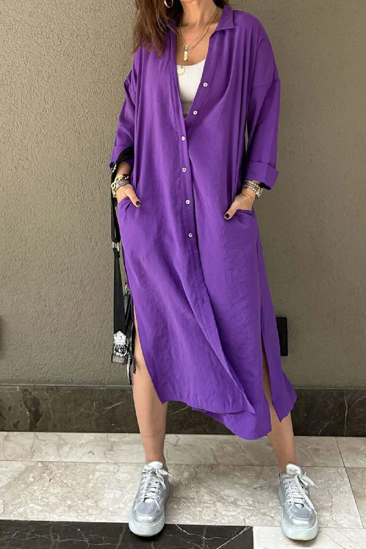 Midi dresses with ruffled bodices for a more pronounced feminine look Solid Color Single-breasted Slit Shirt Dress Midi dresses with ruffled bodices for a more pronounced feminine look Solid Color Single-breasted Slit Shirt Dress