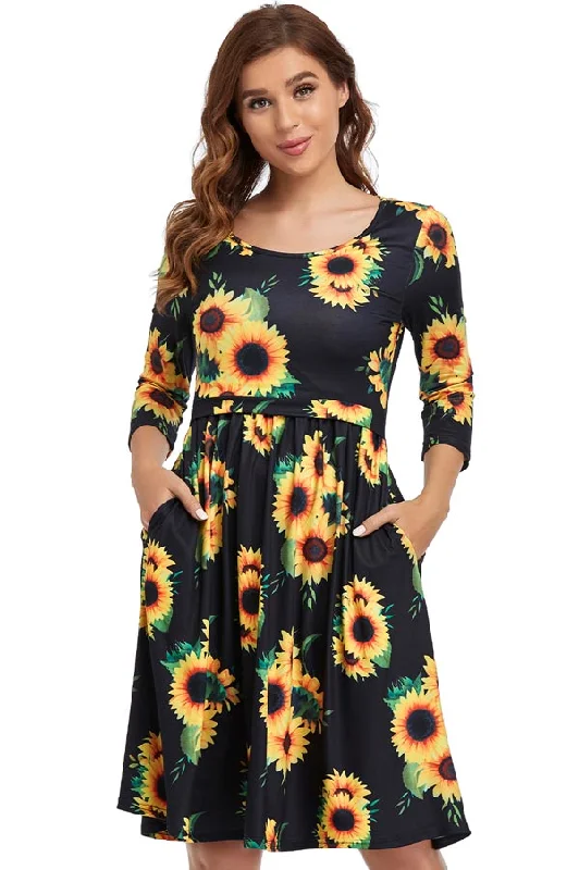 Strapless mini dresses for a beach vacation 3/4 Sleeve Bateau Neckline Sunflower Short Breastfeeding Dress