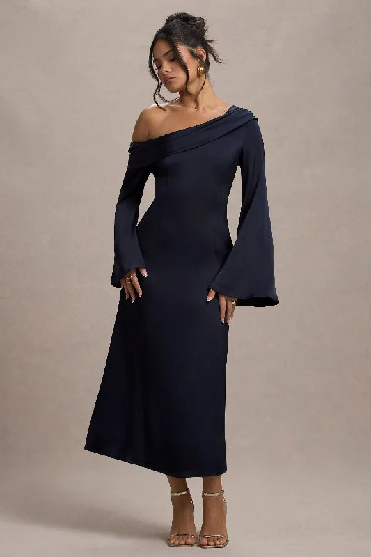 Velvet midi dresses in jewel tones for a glamorous winter event Astral | Navy Satin Asymmetric Flared-Sleeve Midi Dress Velvet midi dresses in jewel tones for a glamorous winter event Astral | Navy Satin Asymmetric Flared-Sleeve Midi Dress