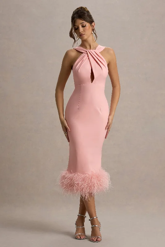 Midi dresses with tassel accents for a bohemian and free - spirited style Titania | Pink Twist-Neck Feather Hem Midi Dress Midi dresses with tassel accents for a bohemian and free - spirited style Titania | Pink Twist-Neck Feather Hem Midi Dress