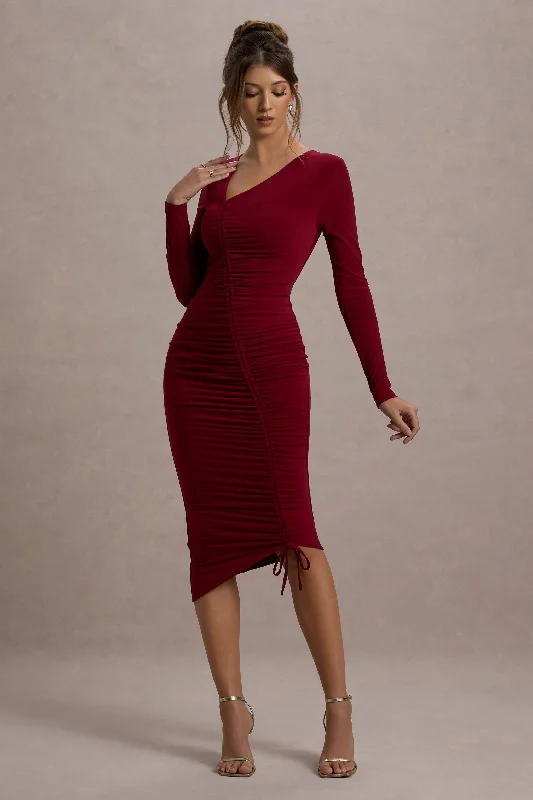 Midi dresses with wrap - around skirts for a customizable fit Lilia | Berry Ruched Asymmetric Midi Dress