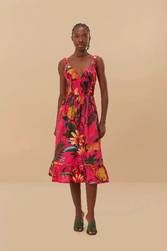 Midi dresses with fringe details for a fun and energetic style Leopard Flowers Pink Midi Dress Midi dresses with fringe details for a fun and energetic style Leopard Flowers Pink Midi Dress