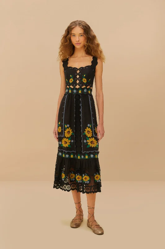 Midi dresses with ruffled hems for a romantic date night Black Cross Stitch Sunflower Richelieu LENZING™ ECOVERO™ Euroflax™ Midi Dress Midi dresses with ruffled hems for a romantic date night Black Cross Stitch Sunflower Richelieu LENZING™ ECOVERO™ Euroflax™ Midi Dress