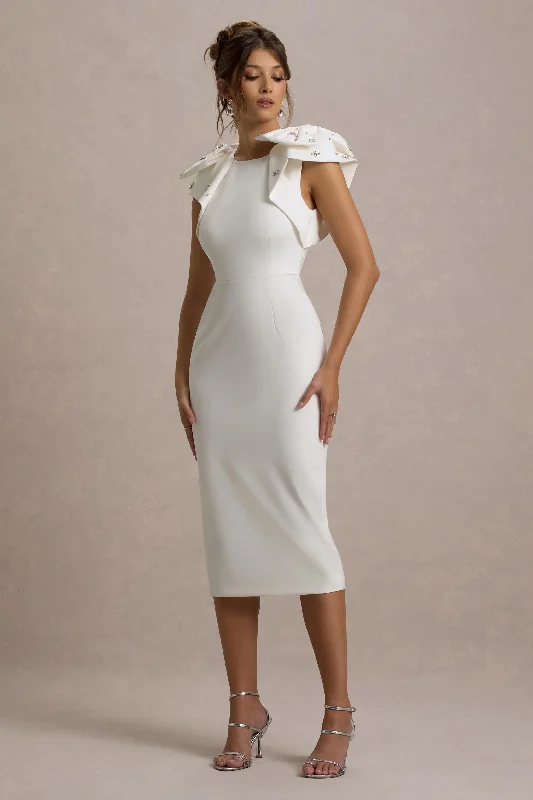 Midi dresses with belted waists to accentuate the figure Aubrie | Ecru Midi Dress With Bow Details