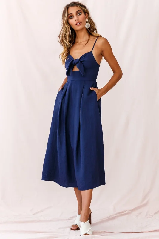 Midi dresses with ruffled bodices for a more pronounced feminine look Hope Tie-Knot Bust Midi Dress Navy