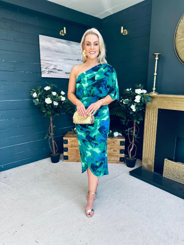 Midi dresses with pom - pom trims for a playful and festive look Ira One Shoulder Floral Wrap Skirt Midi Dress Green Midi dresses with pom - pom trims for a playful and festive look Ira One Shoulder Floral Wrap Skirt Midi Dress Green