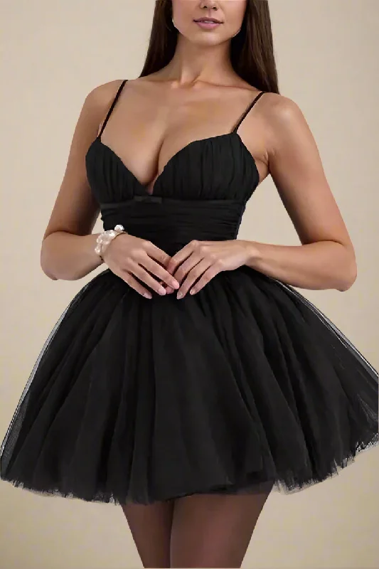 Mini dresses with cut - out details for a trendy look Kaya Bodycon Mini Wrap Tulle Dress - Classic Black