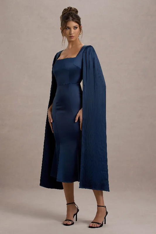 Midi dresses with metallic threads for a glamorous evening event Nalda | Navy Square-Neck Midi Dress With Cape Sleeves Midi dresses with metallic threads for a glamorous evening event Nalda | Navy Square-Neck Midi Dress With Cape Sleeves