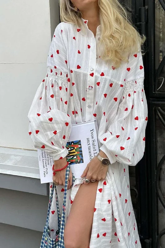 A - line midi dresses with floral prints for spring brunches Heart Print Puff Sleeve Single-breasted Cotton Dress A - line midi dresses with floral prints for spring brunches Heart Print Puff Sleeve Single-breasted Cotton Dress