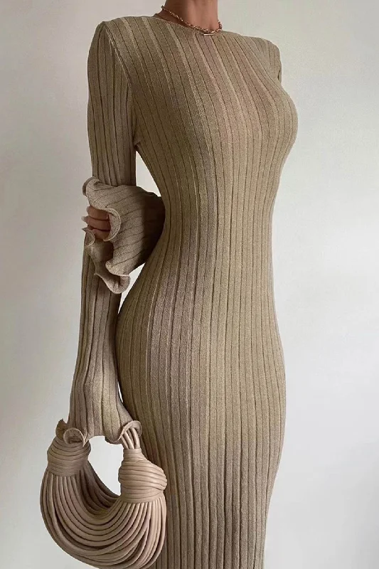 Midi dresses with fringe details for a fun and energetic style Long Flares Sleeve Backless Ribbed Knit Dress
