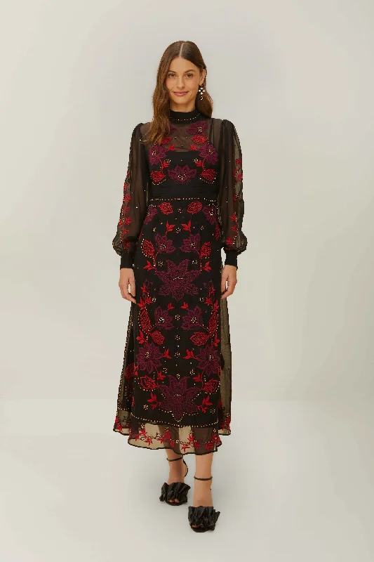 Midi dresses with button - front designs for a classic touch Black Organza Long Sleeve Midi Dress