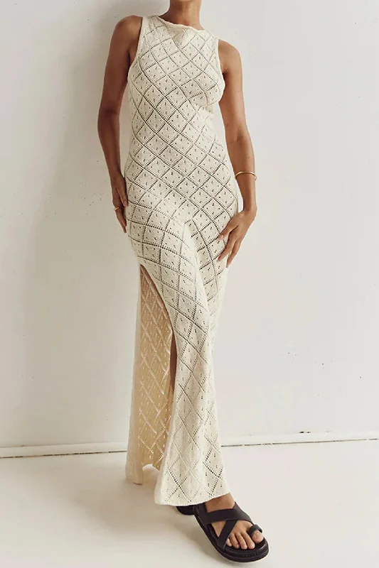 Midi dresses with keyhole backs for a flirty and unexpected detail Rhombus Crochet Hollow Out Knit Tank Dress