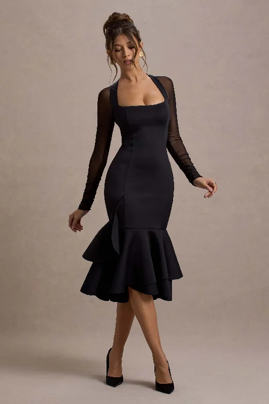 Midi dresses with printed lining for a hidden and stylish detail Sander | Black Mesh Long-Sleeve Ruffle-Hem Midi Dress Midi dresses with printed lining for a hidden and stylish detail Sander | Black Mesh Long-Sleeve Ruffle-Hem Midi Dress