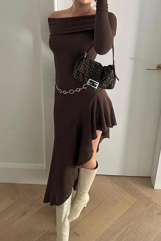 Midi dresses with tiered skirts for a bohemian festival look Off Shoulder Irregular Ruffle Hem Knit Dress Midi dresses with tiered skirts for a bohemian festival look Off Shoulder Irregular Ruffle Hem Knit Dress