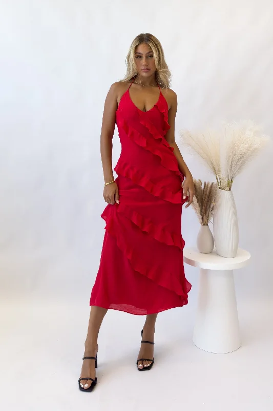 Midi dresses with asymmetric hems for a fashion - forward and dynamic appearance Ella Midi Dress - Red